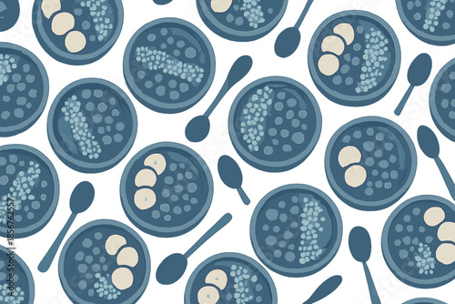 Seamless pattern of bowls of cereal with bananas and spoons