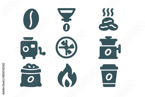 Set of coffee-related icons with a neon glow on a dark background
