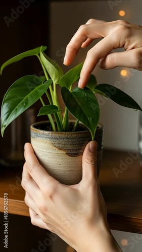Hands Gently Nurturing a Vibrant Potted Houseplant in a Rustic Ceramic Pot, Indoor Greenery Care