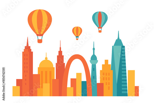 Whimsical city skyline with hot air balloons at night