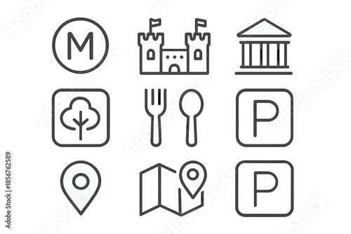 Icon set of tourist attractions and services