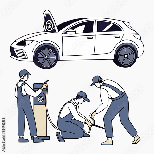 A white hatchback car with an open hood being serviced by mechanics with tools and equipment
