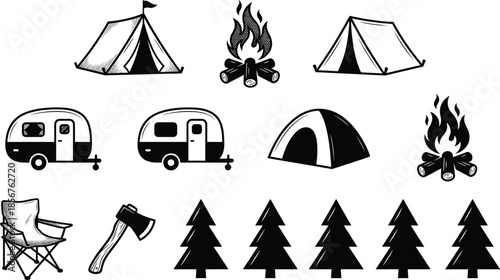 Camping icons set, tents campfire caravan chair axe forest trees collection, outdoor adventure travel symbols, black white vector illustration