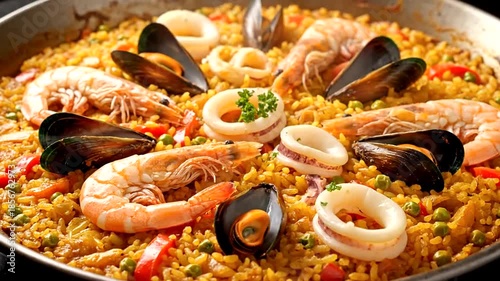 Delicious Seafood Paella with Shrimp, Mussels, and Squid Rings.