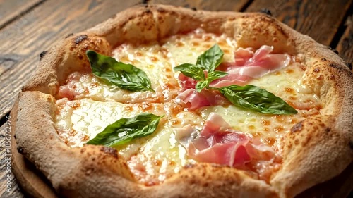 Delicious Pizza with Mozzarella, Prosciutto, and Basil on Wooden Table.