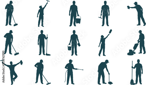 Cleaning worker silhouettes set, janitor housekeeping service poses with tools, professional maintenance staff, flat vector illustration isolated