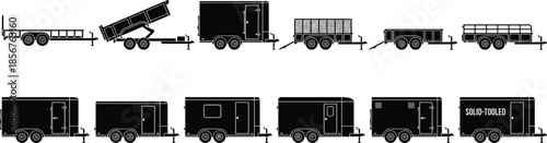 Set of utility and cargo trailers silhouettes including flatbed, dump and enclosed models, side view vector illustration collection