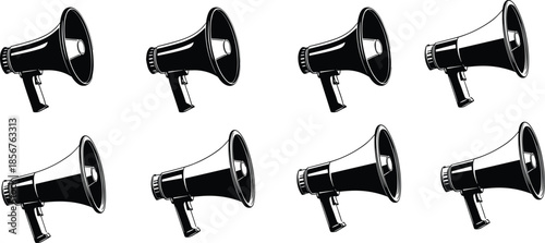 Set of black and white megaphone icons, loudspeaker bullhorn cad drawing flat vector illustration, communication equipment symbols for announcement, protest, marketing and broadcasting.