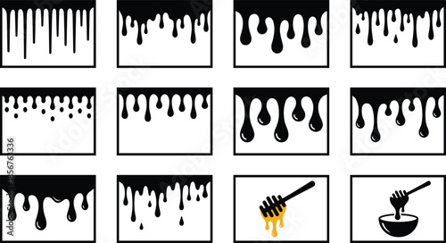Dripping honey frames set, liquid drip borders collection, black sweet syrup shapes, food decoration elements, vector illustration isolated