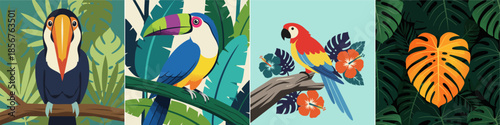 Exotic Tropical Birds and Monstera Leaf Illustration Set