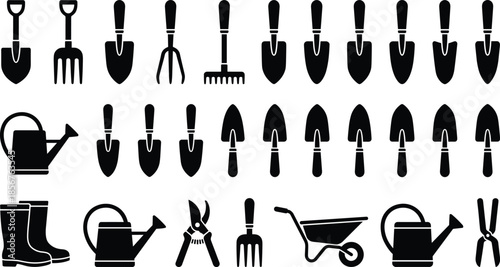 Garden tool icons set, black silhouette gardening equipment collection, shovel rake trowel watering can wheelbarrow vector illustration isolated flat design
