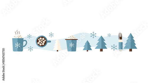 Flat Illustration Winter Holiday Scene with Drink and Christmas Tree