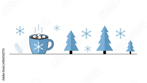 Simple Flat Winter Scenery with Hot Cocoa and Christmas Tree Illustration