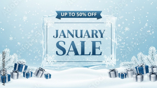 January sale advertisement with gifts and snowflakes on blue background