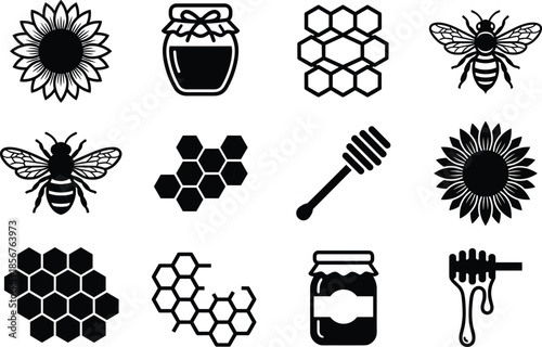 Honey and beekeeping icons set, bee sunflower honeycomb jar dipper symbols, natural organic sweet food, black vector illustration