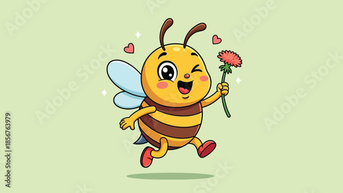 Adorable cartoon bee character with yellow and brown stripes, winking and holding a red flower.