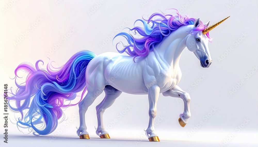 Fototapeta premium Majestic white unicorn with flowing purple and blue mane and tail, gold horn and hooves