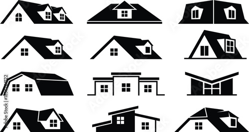 House roof icons set, residential home rooftop silhouettes collection, real estate architecture symbols, black vector illustration, isolated modern design pack