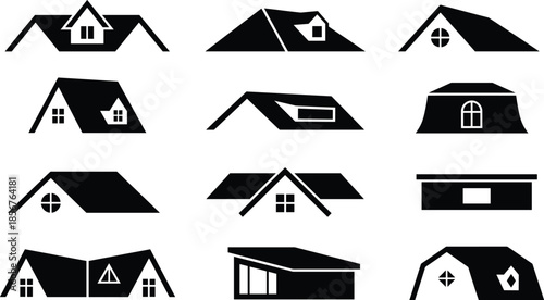 House roof icons set, residential rooftop silhouettes collection, real estate architecture symbols, black vector illustration, isolated modern design