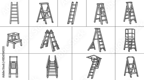 Ladder and step ladder line art icon set construction safety equipment vector illustration isolated on white background maintenance tools
