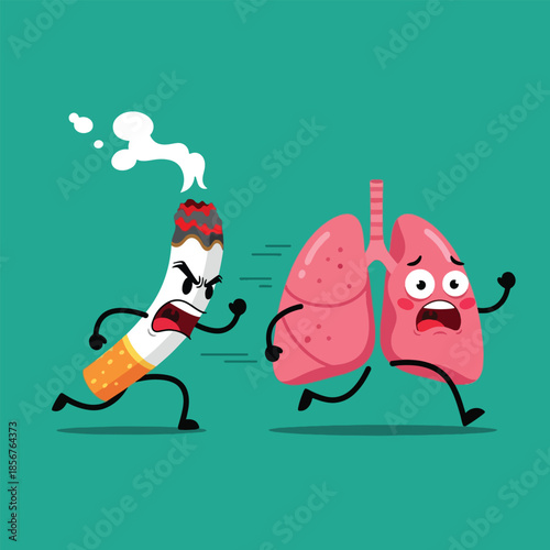 Angry cartoon cigarette chasing scared human lungs, smoking health risk concept.
