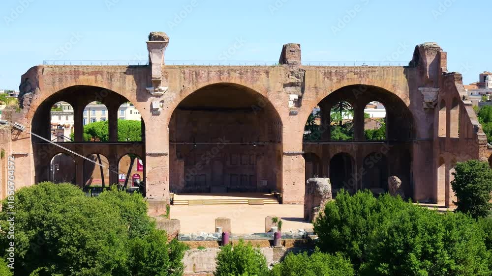 ancient roman basilica ruin three large brick arches coffered ceiling ...