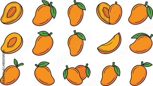 Mango fruit illustration set colorful hand drawn tropical mango slices whole fruits vector icons isolated on white background design