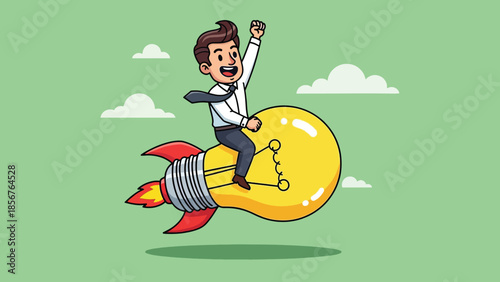 Cartoon Businessman Riding a Lightbulb Rocket Flying to Success.