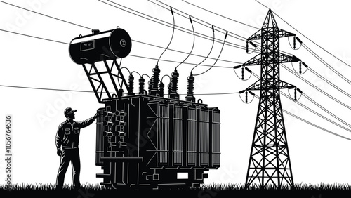 Electrical lineman working on high voltage transformer near transmission tower, industrial power grid infrastructure, black and white vector illustration