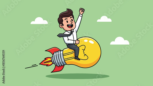Cartoon Businessman Riding Lightbulb Rocket, Symbolizing Innovation and Success.