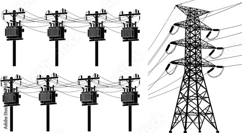 Set of electric utility poles with transformers and high voltage transmission tower, power grid infrastructure silhouette, black and white vector illustration