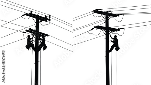 Silhouette of electrical linemen working on utility pole, repairing high voltage power lines, industrial maintenance, flat vector illustration.