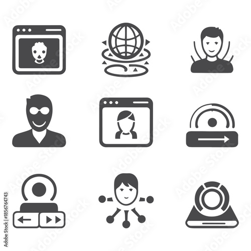 Online user authentication and profile management black icon set. A professional silhouette icon set representing digital identity, user profiles, online security, and authentication.