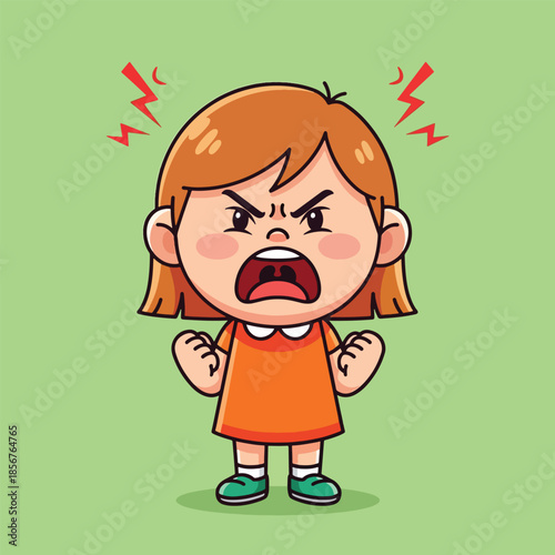 Angry Cartoon Girl Yelling with Clenched Fists.