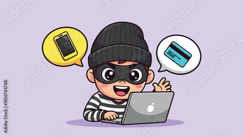 Cartoon Hacker Thief Stealing Data Online with Laptop, Smartphone, and Credit Card Icons.