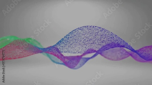 Abstract wave pattern with colorful particles on a grey background, representing data visualization and digital art.