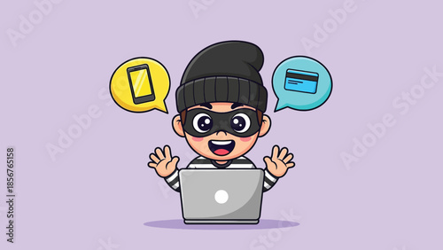 Cartoon Hacker Thief Stealing Data with Laptop, Phone, and Credit Card Icons.