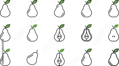 Pear fruit line icon set, minimal outline pears and slices, healthy food symbols, organic nutrition, vector illustration collection pack