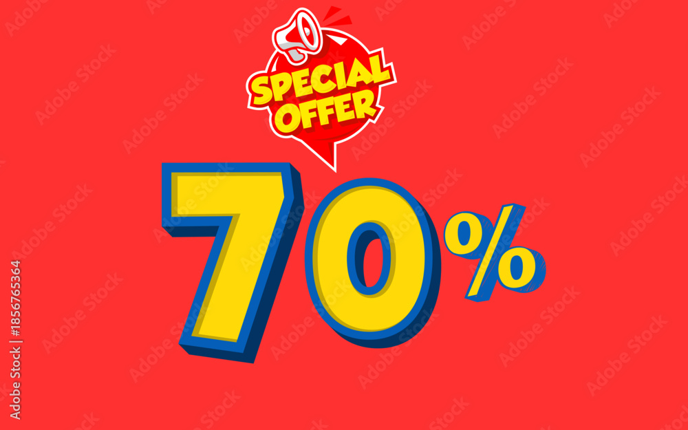 Fototapeta premium A bold promotional design with a bright red background featuring large yellow 70% discount text and a “Special Offer” badge, creating a strong, eye-catching message for sales and special deals.