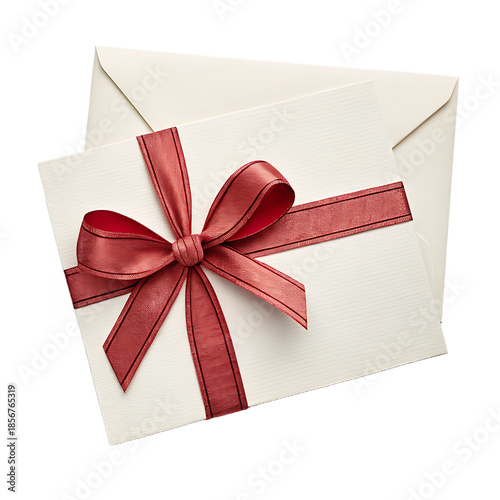 Decorative Note Card with red Ribbon Bow Isolated on White background