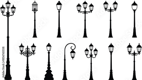 Street lamp icons set, vintage lamppost silhouettes collection, classic urban lighting designs, outdoor city streetlight vector illustration