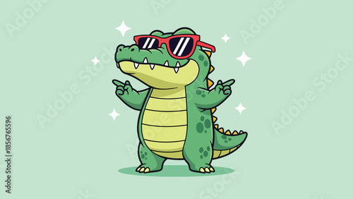 Cool Cartoon Alligator Wearing Red Sunglasses Pointing Fingers.