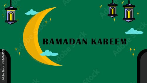 Ramadan Kareem greeting banner with golden crescent moon and hanging lanterns. Islamic holy month vector illustration on dark green background.