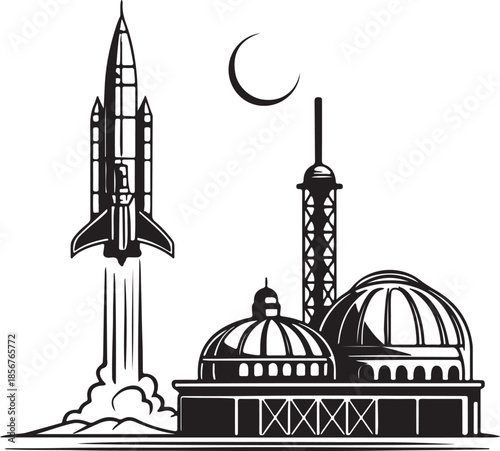 Futuristic rocket launching from moon base silhouette vector