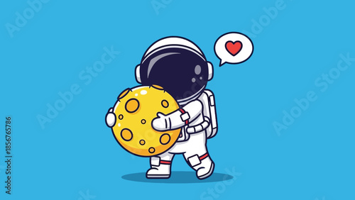 Cute cartoon astronaut holding a small moon with a heart speech bubble.