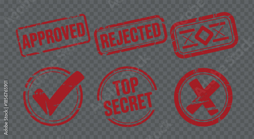 A collection of red rubber stamps displaying approval rejection top secret and other classifications isolated on a transparent background high quality