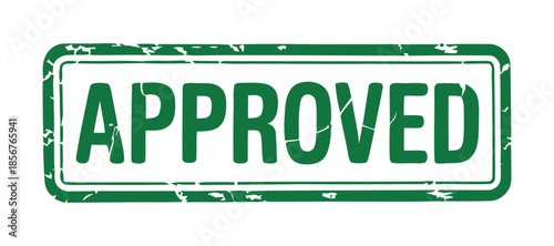 A rectangular green stamp with the word approved boldly printed in white signifying acceptance or validation is prominently displayed on a white background