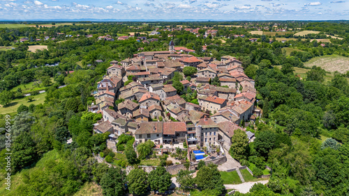 Photos Aerial view of the lower gate of the medieval walled town of Pérouges in the Fre