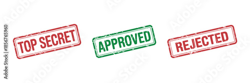 Three rectangular rubber stamps with different colored text indicate status top secret approved and rejected arranged on a plain white background