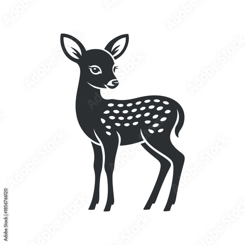 a simplistic black and white illustration depicts a young deer standing in profile with visible spots on its coat and slender legs